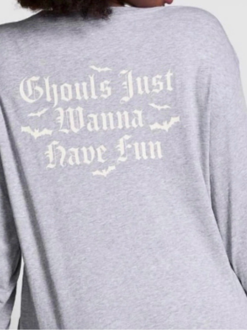 VS PINK Long Sleeve Campus Tee Shirt Gray Halloween Glow in the Dark Ghouls - Picture 5 of 8